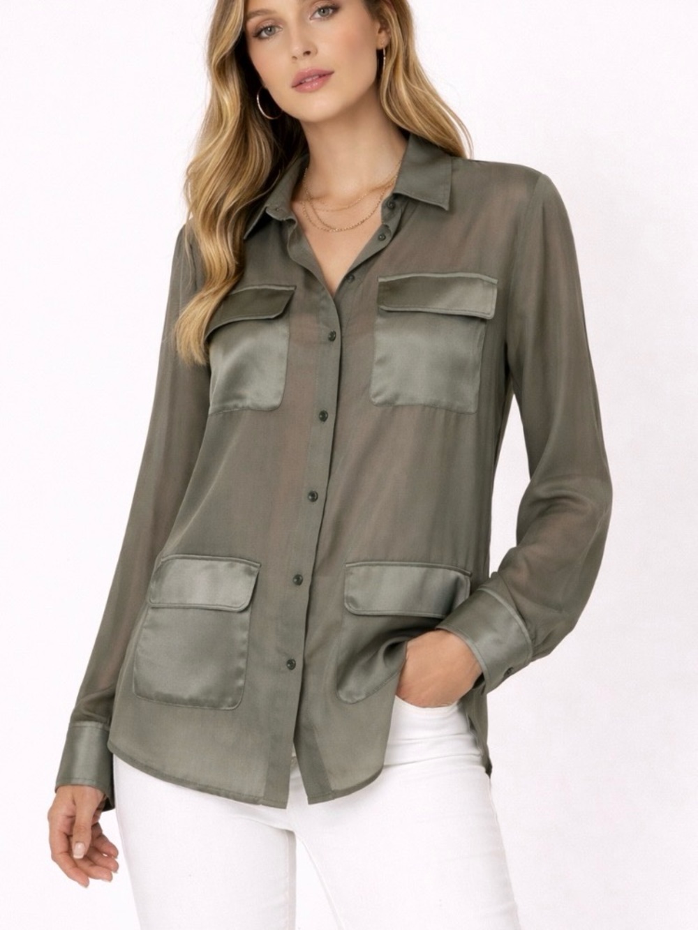 Chico's Women's Olive Green Satin-Trim Button Front Women's Blouse